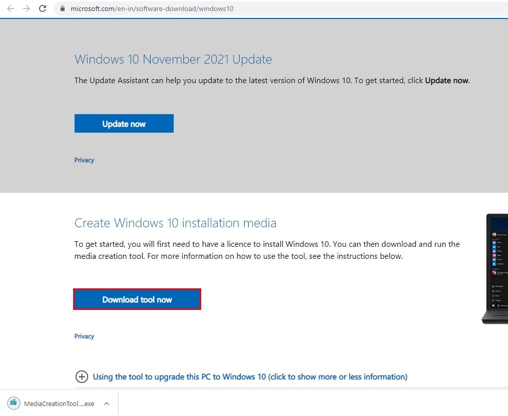 Windows 10 21H2 tniżżil tal-għodda tal-ħolqien tal-midja
