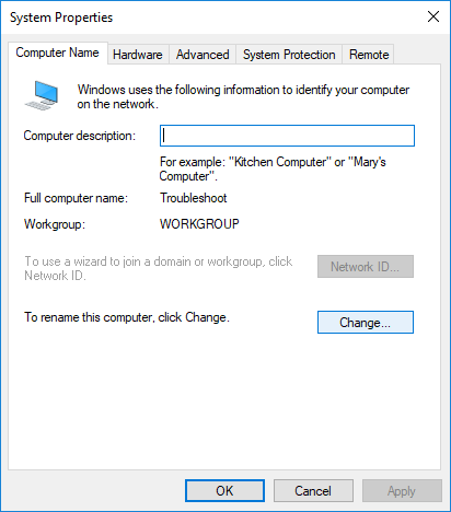 Certifique-se de mudar para a guia Nome do computador e clique em Alterar | Como alterar o nome do computador no Windows 10