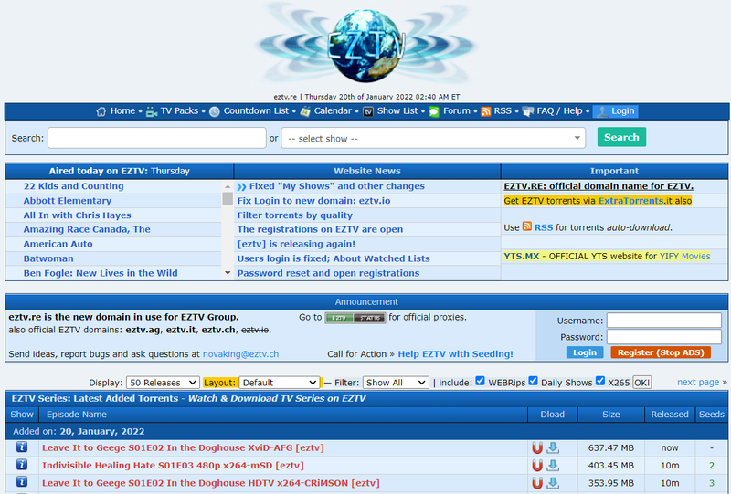 Página inicial do site de torrent EZTV