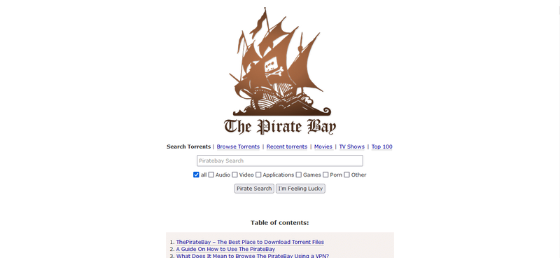 Il sito di Pirate Bay. Le migliori alternative a Mininova nel 2022