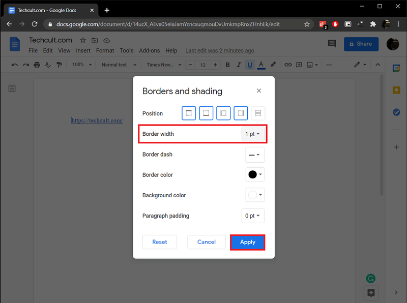 Augmentez la largeur de la bordure à une valeur appropriée (1 pt). | Comment créer des bordures dans Google Docs ?