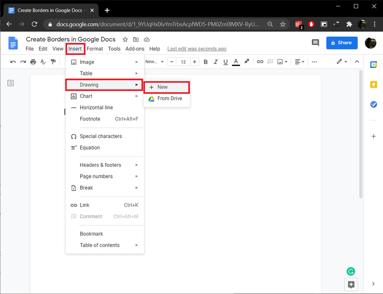 Développez le menu Insertion, sélectionnez Dessin suivi de Nouveau | Comment créer des bordures dans Google Docs ?