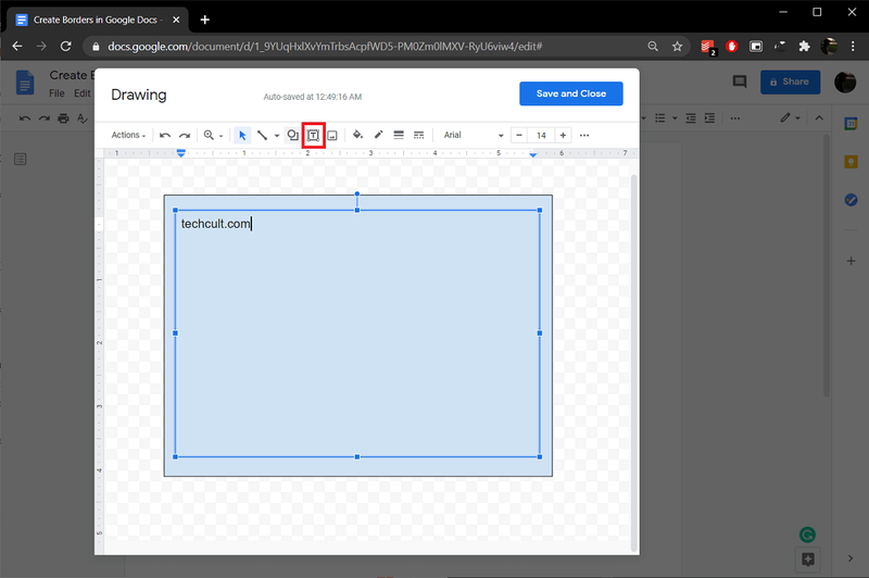 cliquez sur l'icône Texte et créez une zone de texte à l'intérieur du dessin. | Comment créer des bordures dans Google Docs ?