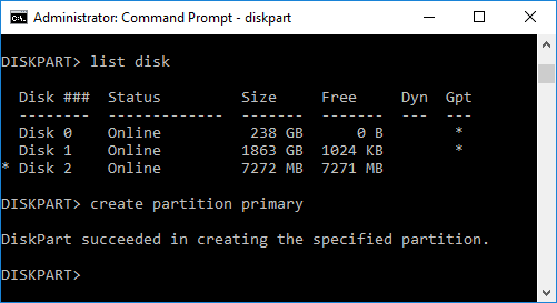 プライマリパーティションを作成するには、次のコマンドを使用する必要がありますcreate partition primary