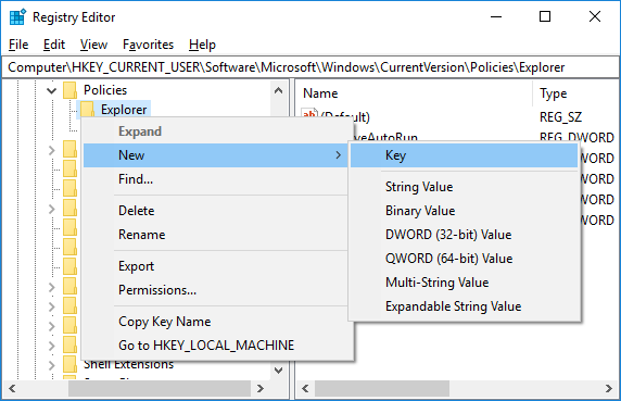 Clique com o botão direito do mouse no Explorer e selecione New Key e nomeie-o como DisallowCPL