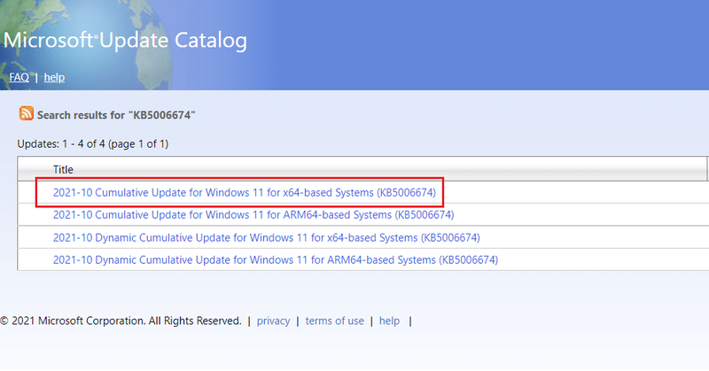 Microsoft katalog web sitesindeki Arama sonuçlarından güncelleme başlığına tıklayın