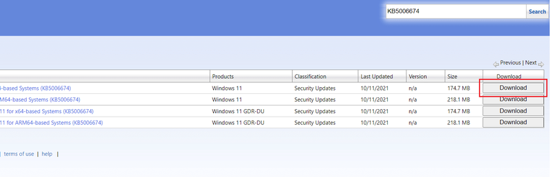 Microsoft Update Kataloğu'ndaki güncellemeyi indirmek için belirli güncellemenin yanındaki İndir düğmesine tıklayın