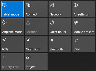 Аны күйгүзүү үчүн Аракеттер борборунун астындагы Планшет режимин басыңыз | Windows 10до планшет режимине кантип өтсө болот