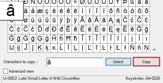コピーをクリックして、アクセントのある文字をクリップボードに保存します| Windowsでアクセント付きの文字を入力する方法