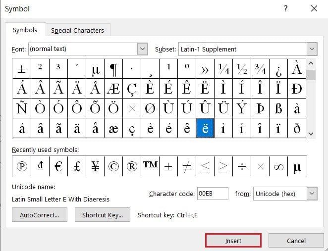 追加するシンボルを選択し、[挿入]、[挿入]の順にクリックします。 Windowsでアクセント付きの文字を入力する方法
