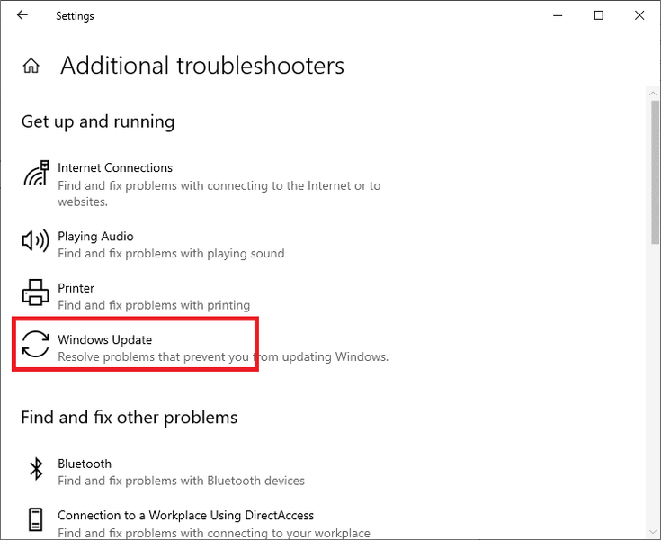 Localize e escolha o Windows Update na lista
