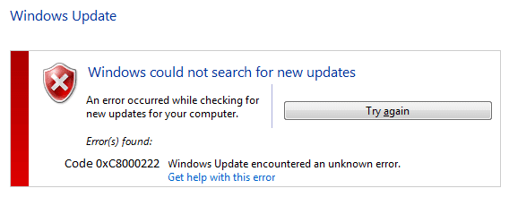 Corrigir o erro de atualização do Windows 0xc8000222