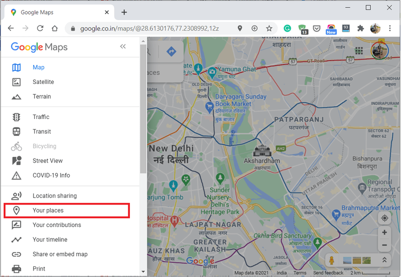 Klik på Dine steder i Google Maps under Indstillinger
