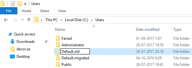 Problemləri olan kompüterə daxil olun, sonra C:Users altında Defolt qovluğunun adını Default.old olaraq dəyişdirin.
