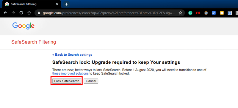 Kaomi ma ka Settings of Google Search a laila kaomi ma ka Lock SafeSearch