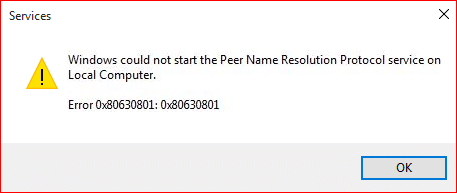 Windows tsis tuaj yeem pib Peer Name Resolution Protocol cov kev pabcuam ntawm Lub Computer Hauv Zos nrog qhov yuam kev 0x80630801