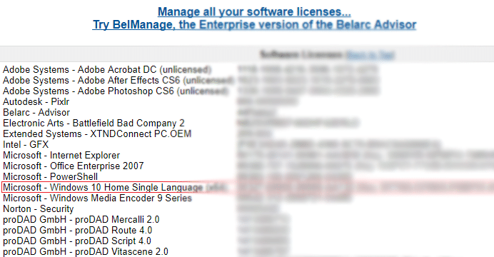 Em Licenças de software, você encontrará uma chave de produto alfanumérica de 25 caracteres