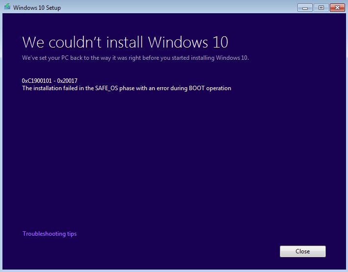 Correção Não foi possível instalar o Windows 10 Erro 0XC190010 – 0x20017