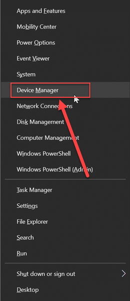 Abra o menu da janela através da tecla de atalho Windows + x. Agora escolha o gerenciador de dispositivos na lista.