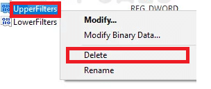 Teraz prejdite na pravú tablu a kliknite pravým tlačidlom myši na hodnoty UpperFilters. Ak chcete tento súbor databázy Registry natrvalo odstrániť zo systému, vyberte možnosť Odstrániť.
