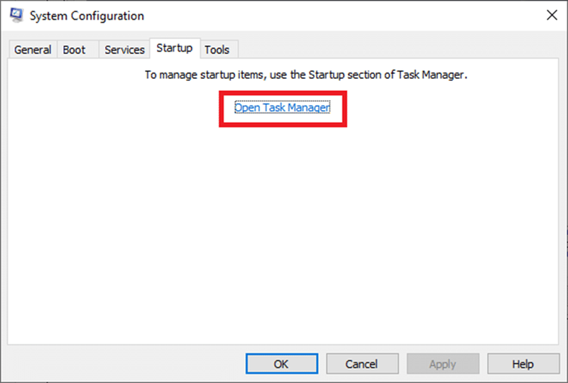 Teraz prejdite na kartu Po spustení a kliknite na odkaz Otvoriť Správcu úloh | Windows 10: Ako opraviť nedostatočné systémové prostriedky na dokončenie chyby API
