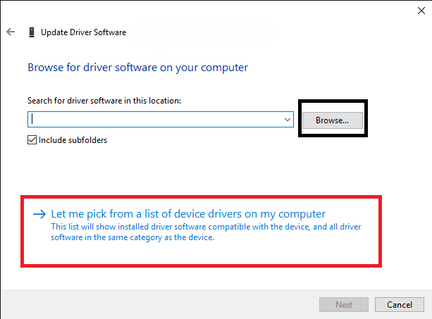 Teraz kliknite na Vyhľadať softvér ovládača v mojom počítači a potom na položku Dovoľte mi vybrať si zo zoznamu dostupných ovládačov v počítači v nasledujúcom kontextovom okne.
