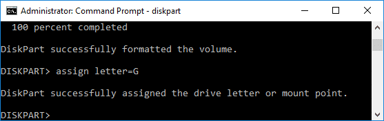 Ketik paréntah di handap ieu pikeun ngadaptarkeun hurup drive assign letter=G