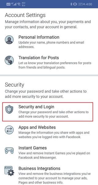 Изберете опцията Сигурност и вход | Как да изляза от Facebook Messenger