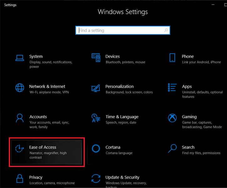 Localize e clique em Facilidade de Acesso | Habilitar ou desabilitar filtros de cores no Windows 10