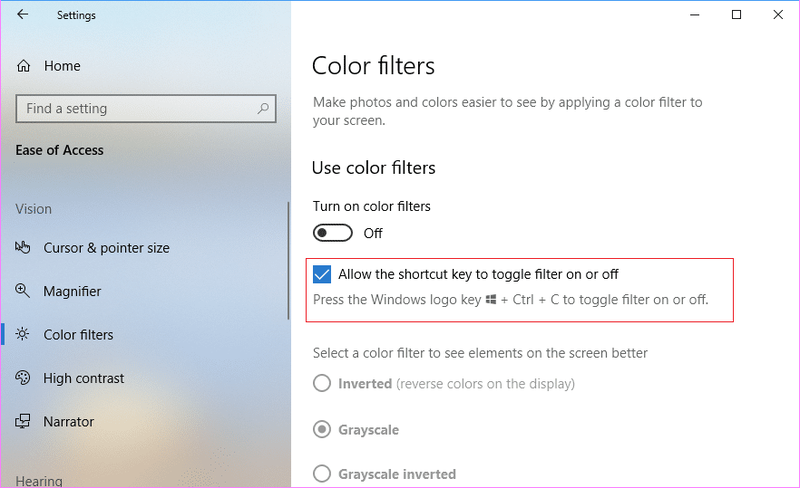 Oznaka za potvrdu Dozvolite tipki prečice za uključivanje ili isključivanje filtera u boji