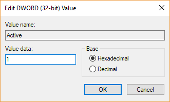Altere o valor de Active DWORD para 1 para habilitar filtros de cores no Windows 10