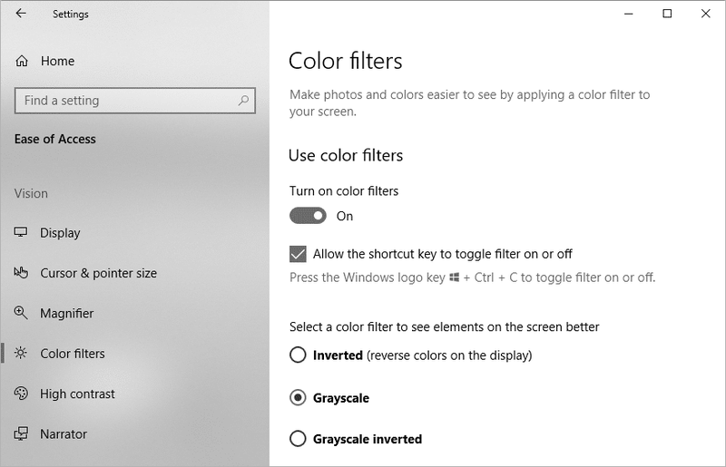 Habilitar ou desabilitar filtros de cores no Windows 10