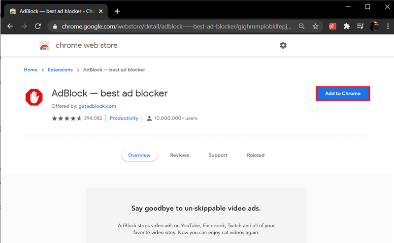 Кликнете върху „Добавяне към браузъра“ или бутона за инсталиране | Поправете Adblock, който вече не работи в YouTube