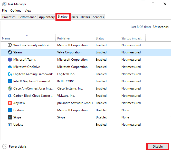[スタートアップ]タブに切り替えて、不要なスタートアップタスクを選択し、[無効にする]をクリックします。 Windows10でのOverwatchFPSドロップの問題を修正