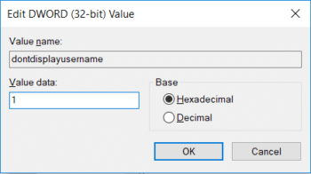 dontdisplayusername DWORDの値を1に変更し、[OK]、[OK]の順にクリックします。 Windows10のログイン画面でメールアドレスを非表示にする