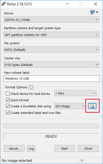 次に、[ISOイメージを使用して起動可能なディスクを作成する]で、その横にあるドライブアイコンをクリックします。