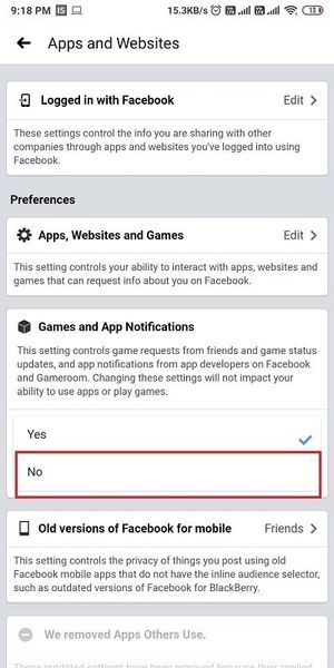 Selecione a opção 'Não' em Notificações de jogos e aplicativos. | Como excluir o jogo Thug Life do Facebook Messenger