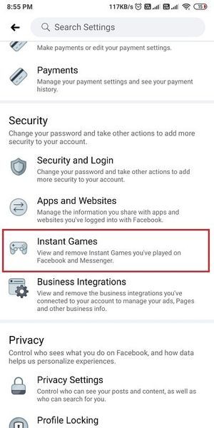 Localize 'Jogos instantâneos' na seção Segurança. | Como excluir o jogo Thug Life do Facebook Messenger