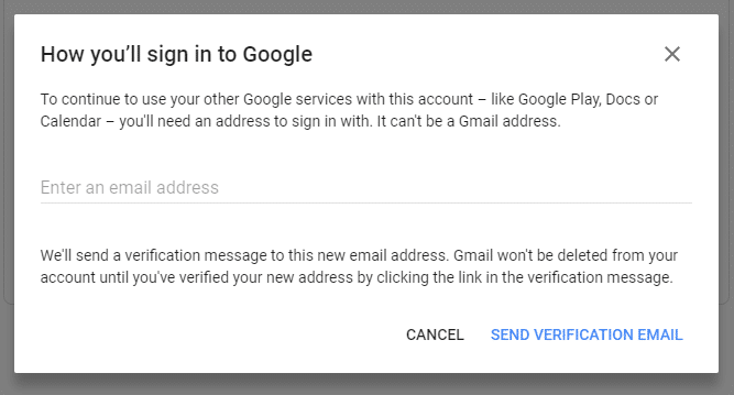 Εισαγάγετε οποιοδήποτε email, εκτός από το τρέχον Gmail σας για να το χρησιμοποιήσετε για άλλες υπηρεσίες της Google στο μέλλον