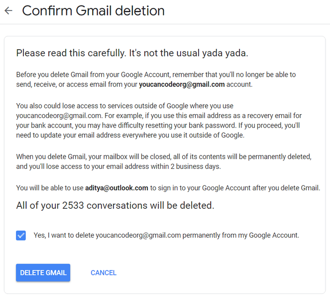 Μεταβείτε στον σύνδεσμο διαγραφής που παρέχεται στο email και κάντε κλικ στο κουμπί Διαγραφή Gmail