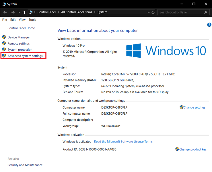 U sljedećem prozoru kliknite na Napredne postavke sistema | Ispravite grešku Windows Update 80244019