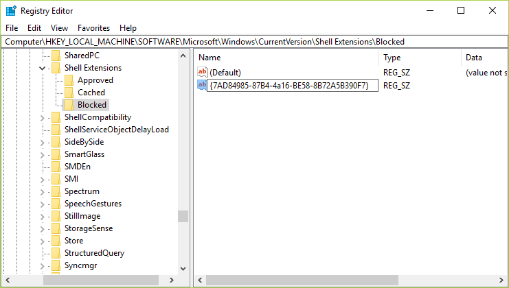 Noem hierdie string as {7AD84985-87B4-4a16-BE58-8B72A5B390F7} en druk Enter om Cast to Device-opsie van die kontekskieslys in Windows 10 te verwyder