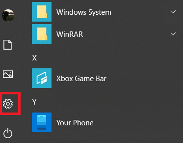 Clique no ícone da roda dentada/engrenagem para iniciar as Configurações do Windows | Desabilitar o processo YourPhone.exe no Windows 10