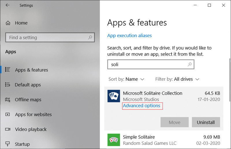 برنامه Microsoft Solitaire Collection را انتخاب کنید سپس روی گزینه های پیشرفته کلیک کنید