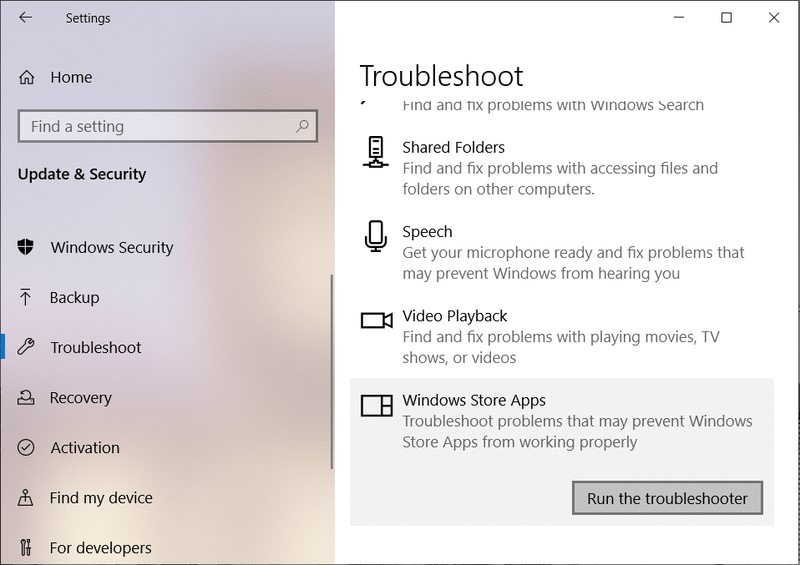 در قسمت Windows Store Apps روی Run the troubleshooter کلیک کنید