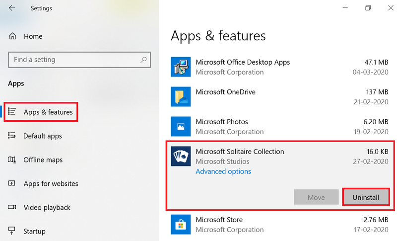 selektearje Microsoft Solitaire Collection-app út 'e list en klikje op Uninstall