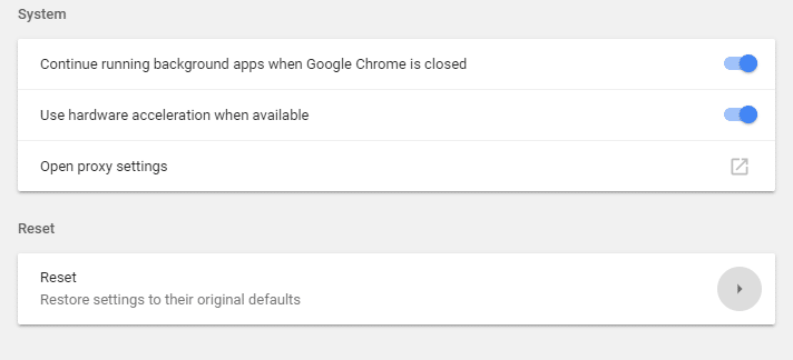 Chrome parametrlərini sıfırlamaq üçün Sıfırla sütununa klikləyin