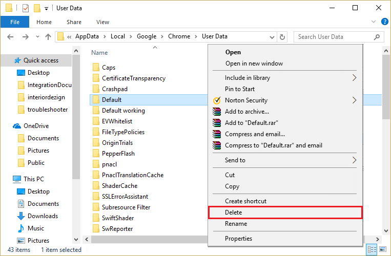 Faça backup da pasta padrão nos dados do usuário do Chrome e exclua esta pasta