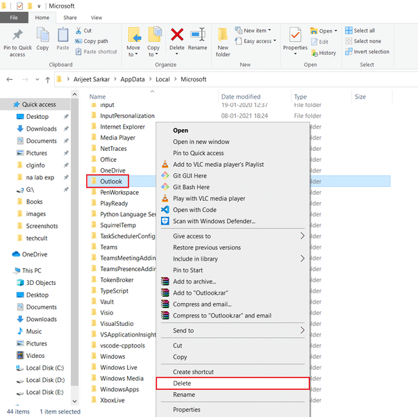 одете во папката Microsoft localappdata и избришете ја папката Outlook