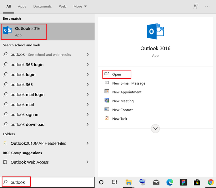 побарајте Outlook во лентата за пребарување на Windows и кликнете на Open